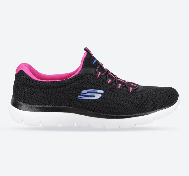 Ultra-lightweight Women's Wide Fit Skechers 12980 Summits Slip On Sports Sneakers - Black/Hot Pink