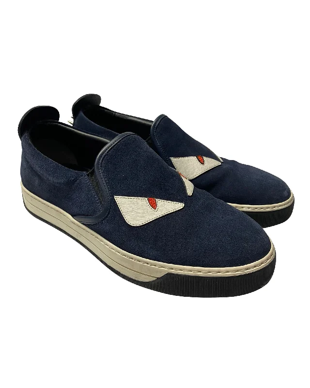 Noble Temperament Fendi Monster 3D Eyes Slip-On Sneakers in Navy Blue Suede