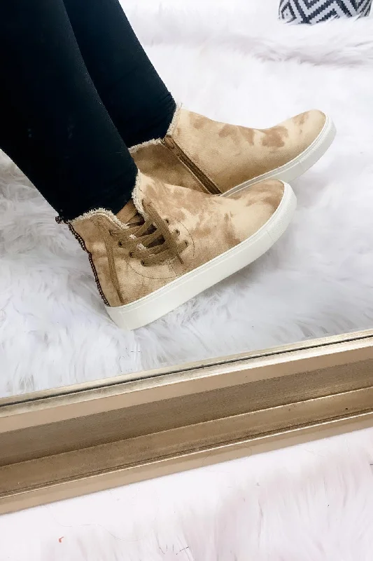Short skirt design Back In Action- Tan Tie-Dye Zip Up High-Top Sneakers w/ Lace Up Detail