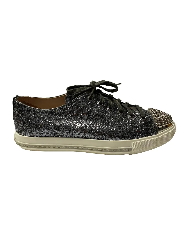 Design Perception Miu Miu Studded Cap Toe Lace-Up Sneakers in Silver Glitter