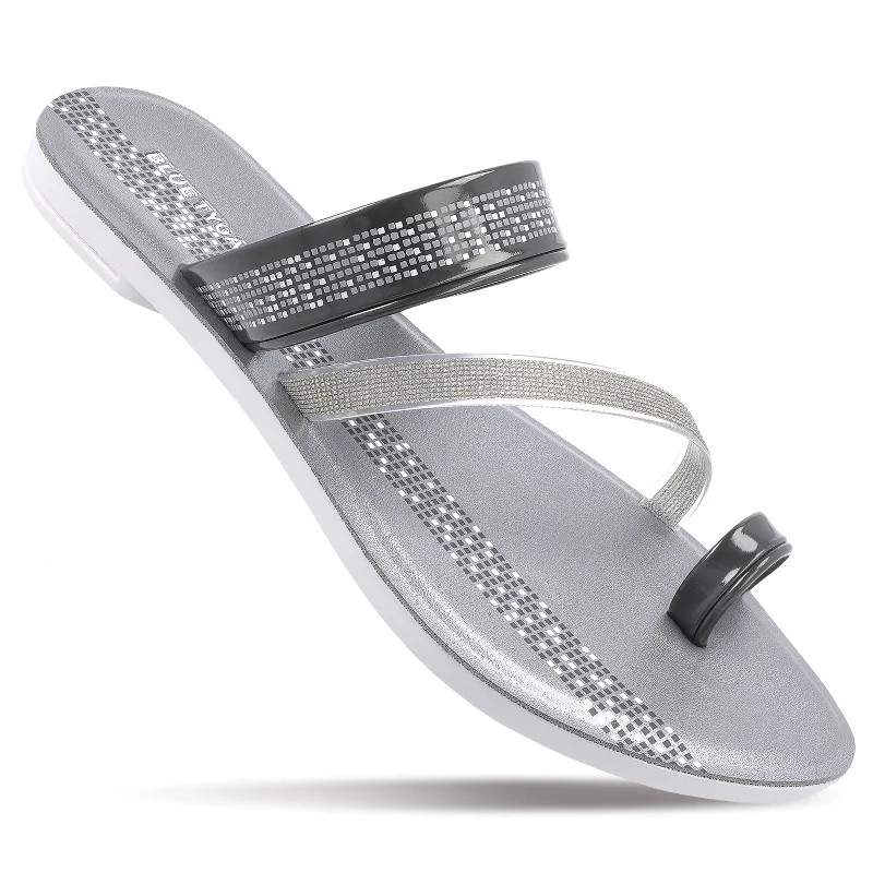 Round neck design Blue Tyga Womens Cross Strap Slide Sandals  - BT2303 Grey