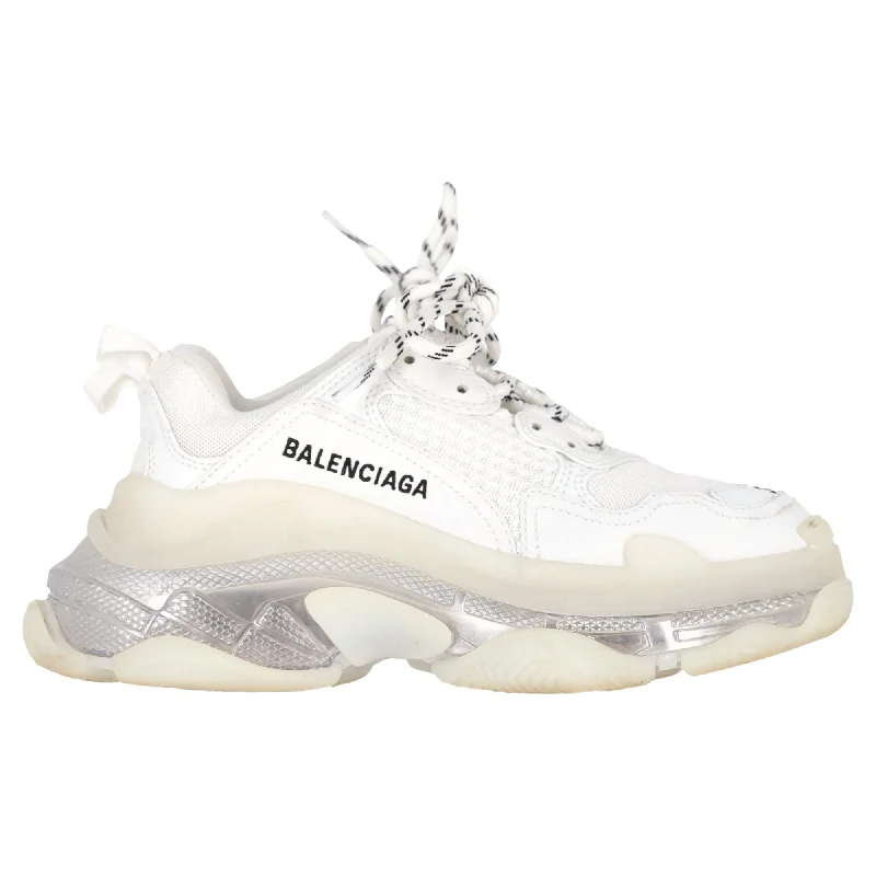Street Fashion Balenciaga Clear Sole Triple S Sneakers in White Polyester