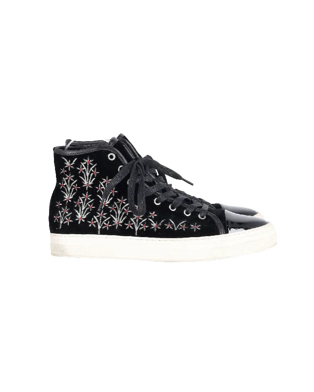 Street Style Mother Of Pearl Embroidered High Top Sneakers in Black Patent Leather and Suede