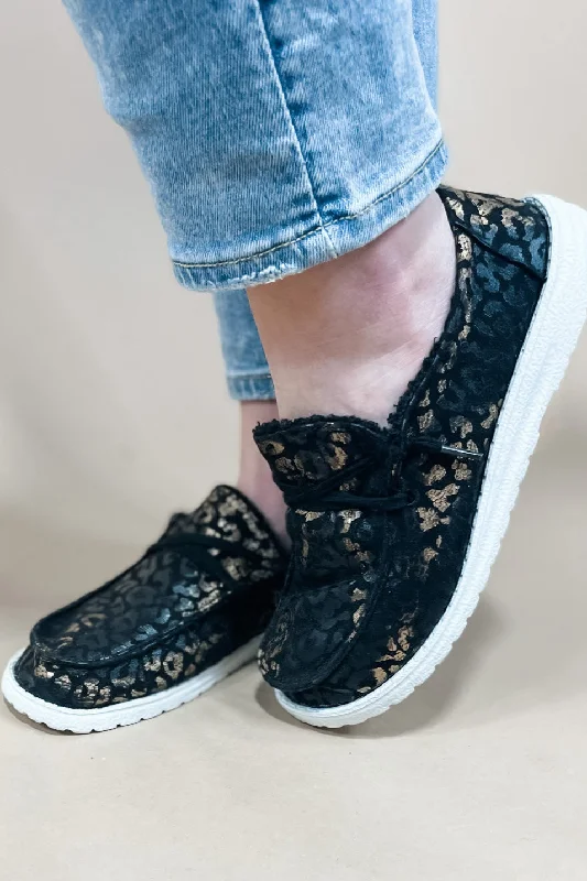 High-end atmosphere Golden Girls- Black & Gold Foil Leopard Print Flats w/ Fuzzy Lining