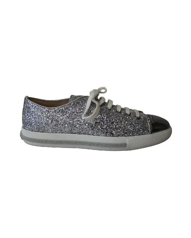 Unique prints Miu Miu Glitter Sneakers in Metallic Silver Leather