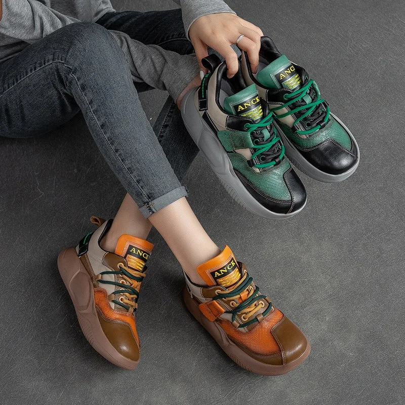 Sports Casual Style Women Casual Retro Patchwork Leather Sneakers