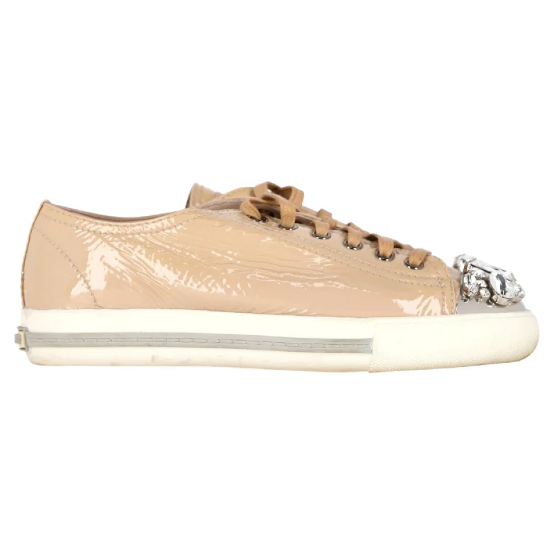 Comfortable down Miu Miu Crystal Detail Sneakers in Nude Patent Leather