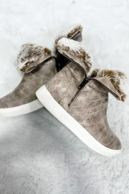 Stand-up collar design Feet FURst- Tan Zip-Up Sneakers w/ Fold Over Faux Fur Detail