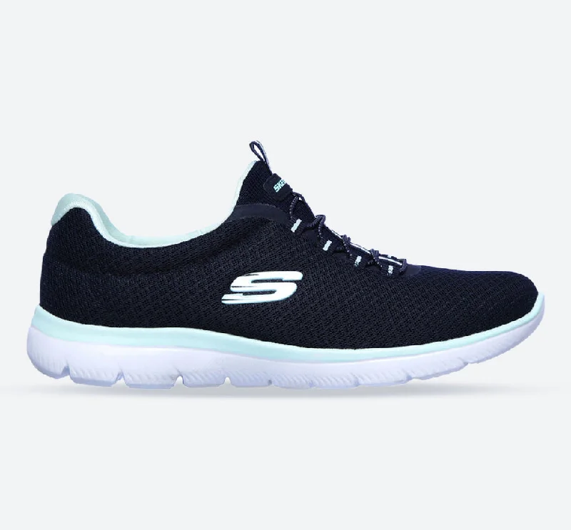 Knitted Design Women's Wide Fit Skechers 12980 Summits Slip On Sports Sneakers - Navy/Aqua