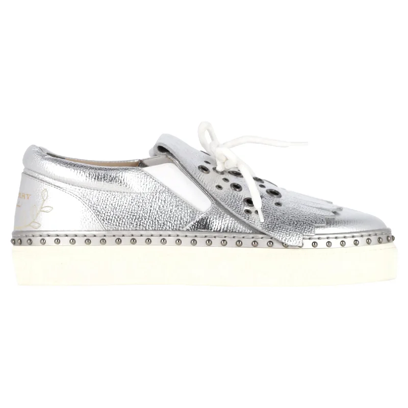Casual And Casual Burberry Kiltie Fringe Detail Slip On Sneakers Metallic Silver Leather