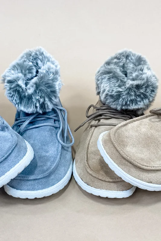Fashionable sports Eskimo Kisses- {Gray & Tan} Suede Lace Up Moccasins w/ Faux Fur Trim