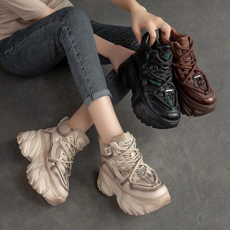 Sports Jacket Women Retro Solid Leather Platform Dad Sneakers