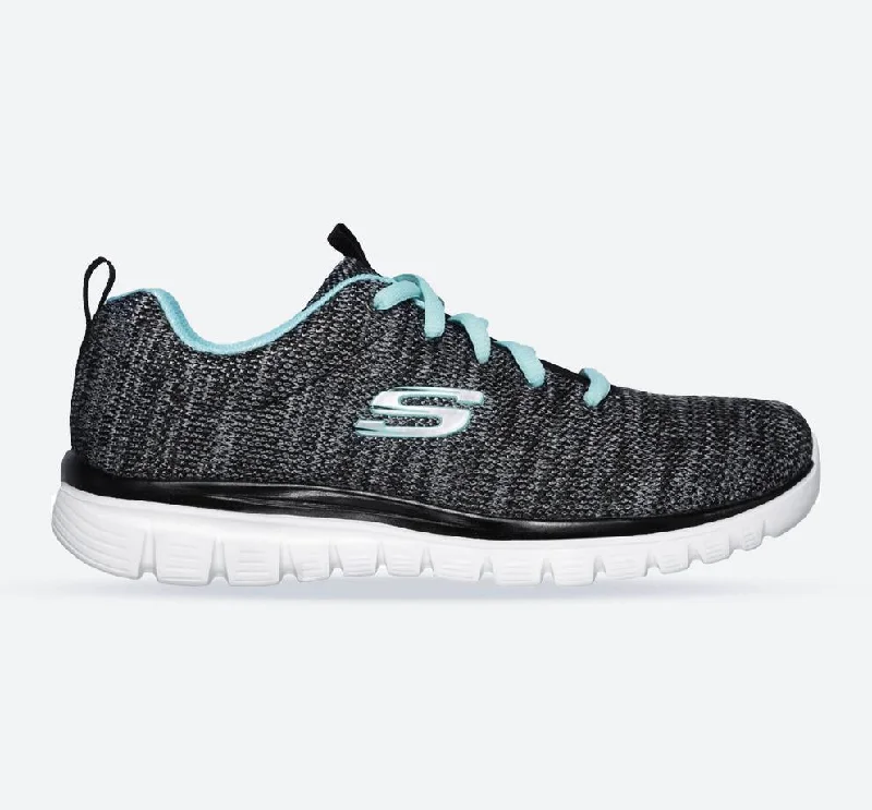 Elegant and noble Women's Wide Fit Skechers 12614 Graceful Twisted Fortune Sneakers - Black/Turquoise