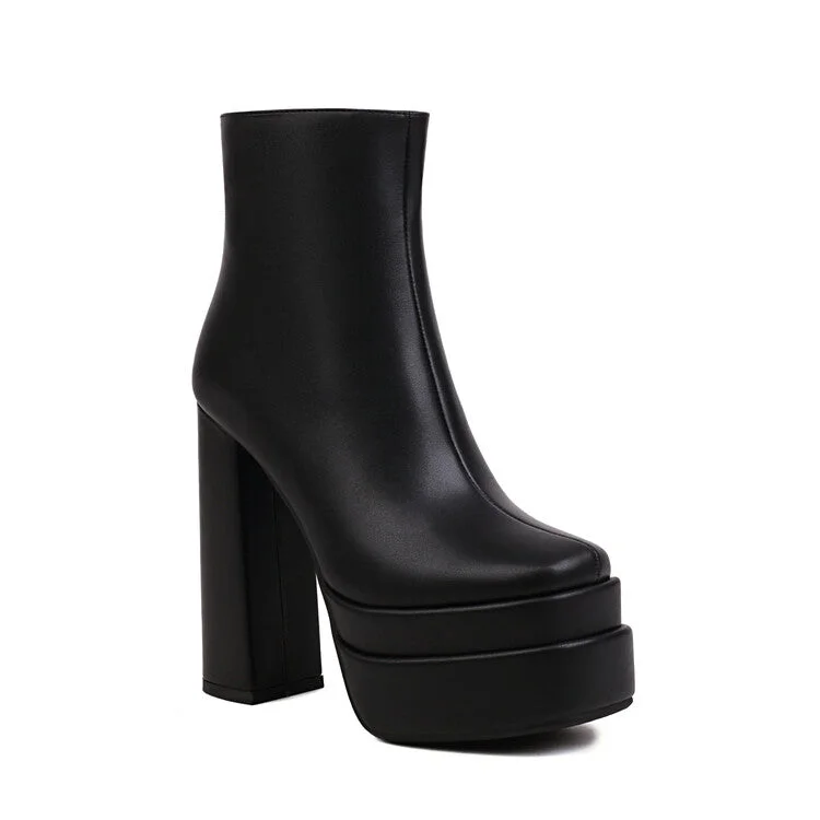 Casual Street Booties Pu Leather Square Toe Side Zippers Block Chunky Heel Super High Platform Short Boots for Women