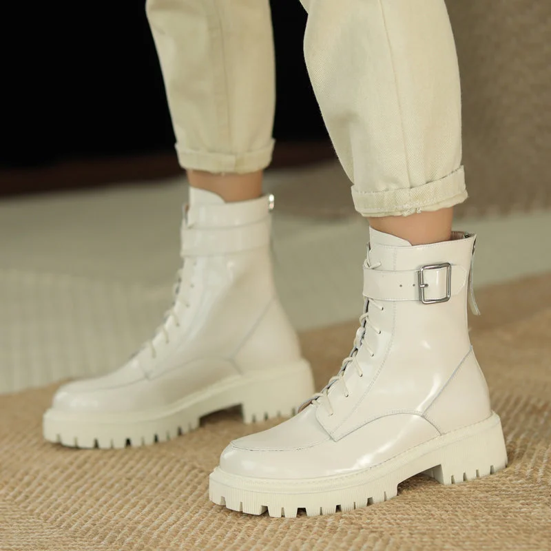 Warm And Comfortable Womens Leather Combat Winter Fleece Lined Snow Boots