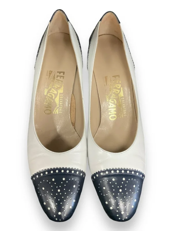 Windbreaker fashion Shoes Heels Stiletto By Ferragamo In Navy, Size: 6.5