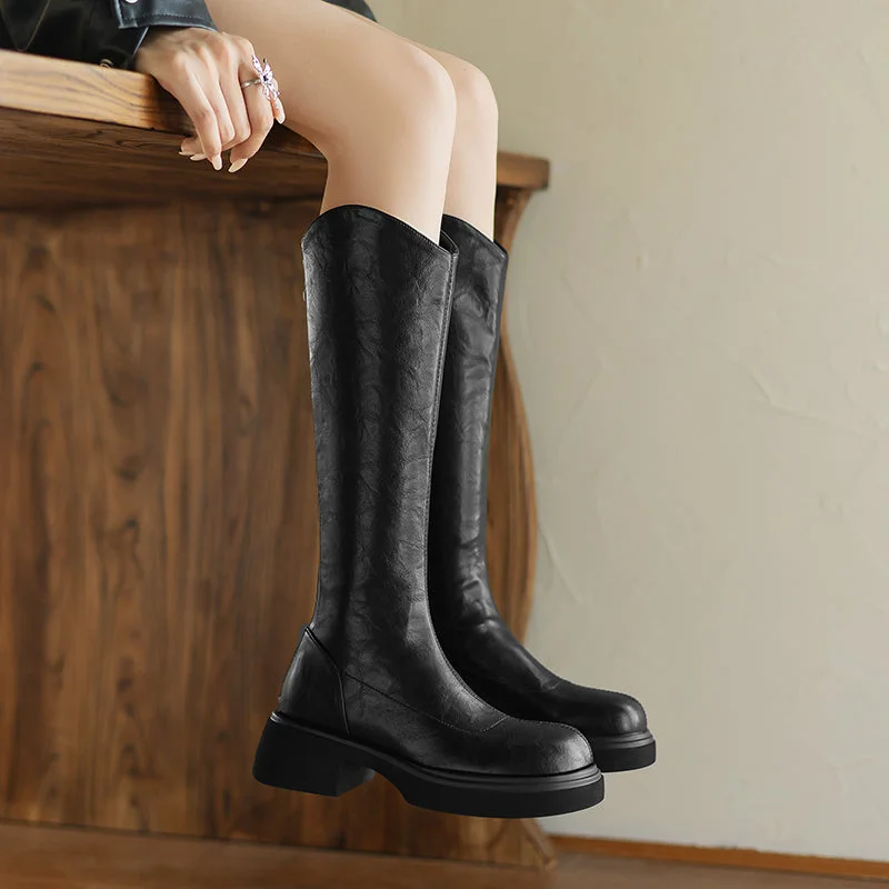 Leisure Travel Womens Round Toe Thick Heels Riding Platform Kpop Style Thigh High Boots