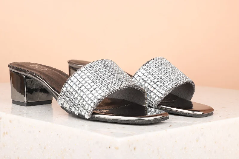 Nightclub Style Women Pewter Embellished Block Heels