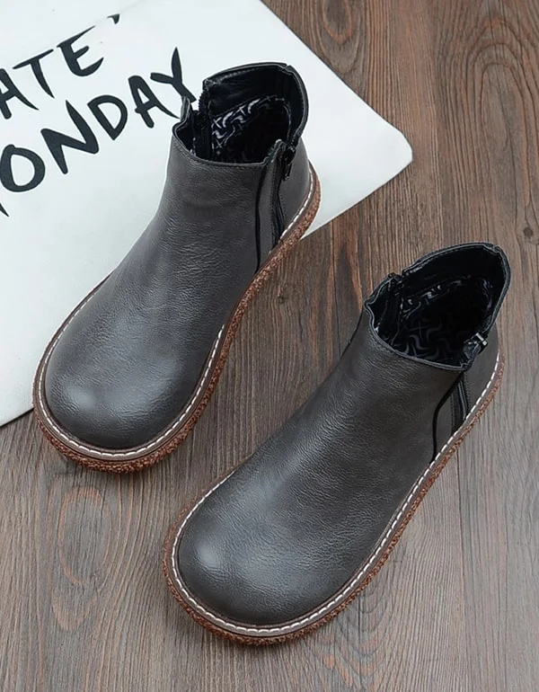 Designer Style Round Toe Smooth Leather Retro Wedge Boots