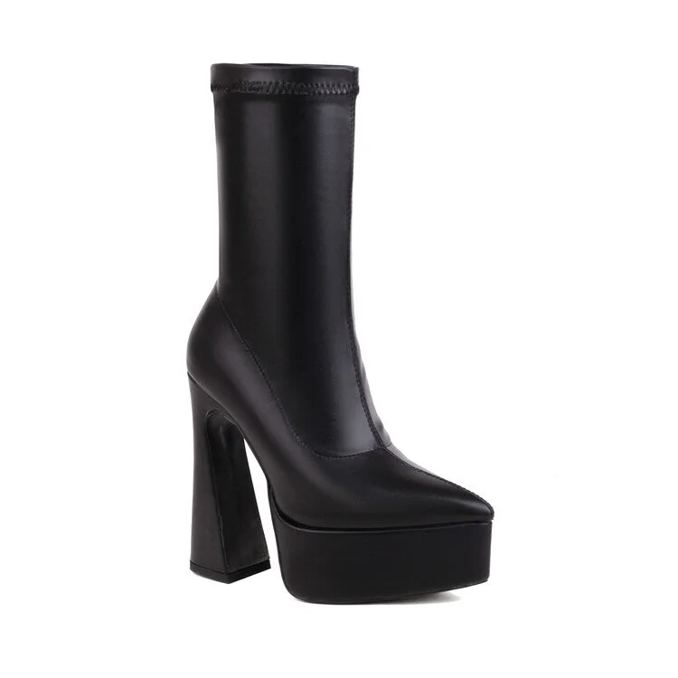 Innovative Design Booties Pu Leather Pointed Toe Spool Heel Platform Short Boots for Women
