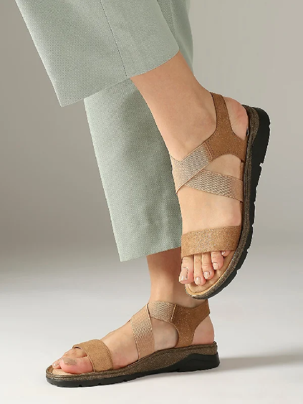 Design And Tailoring Women Chikoo Textured Strappy Comfort Heels With Backstrap