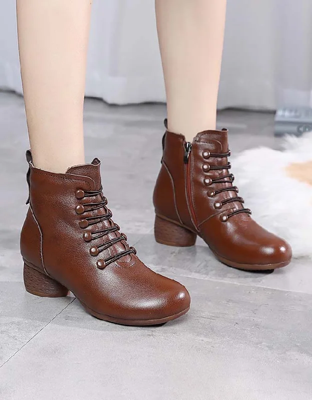 Classic style Autumn Winter Retro Leather Comfy Women Chunky Boots
