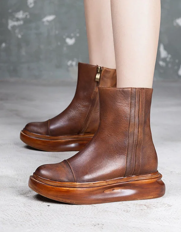 Relaxed And Casual Autumn Thick-soled Retro Leather Platform Boots
