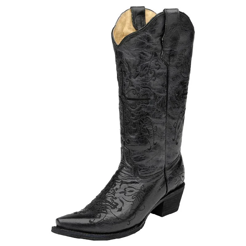 Avant-garde trend Women's Circle G Black Cross Embroidered Western Boots (Black)