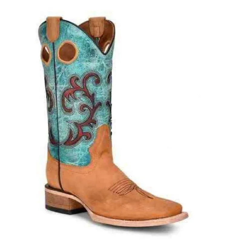 Sports Jumpsuit Women's Embroidery Square Toe Boots In Honey & Turquoise