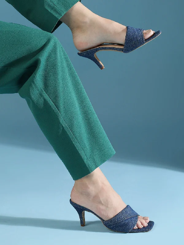 Mid-length Style Women Navy Open Toe Denim Kitten Heels