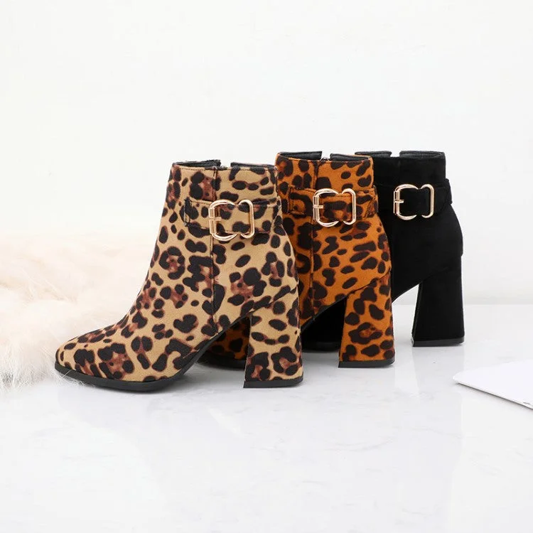 Street Style Leopard-print Flock Pointed Toe Side Zippers Buckle Straps Block Chunky Heel Short Boots for Women