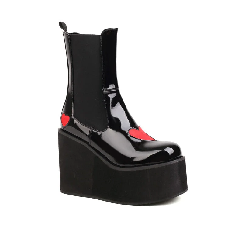 Sports Jacket Pu Leather Round Toe Love Hearts Stretch Wedge Heel Platform Short Boots for Women