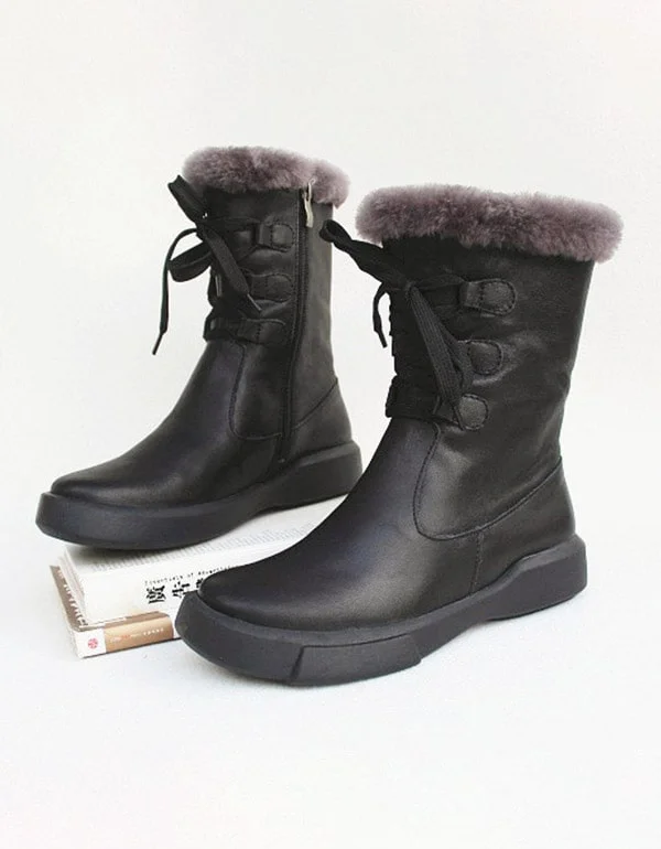 Party Wear Sheepskin Fur Lace Up Retro Leather Winter Boots
