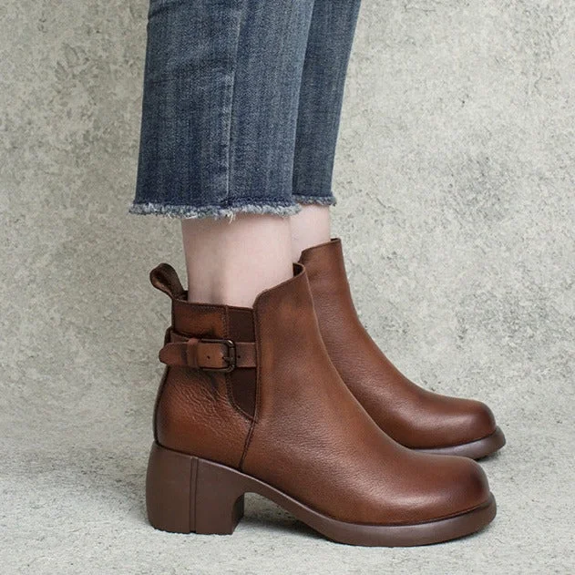 Sports And Leisure Womens Leather Ankle Boots Round Toe Zip Handmade Shoes