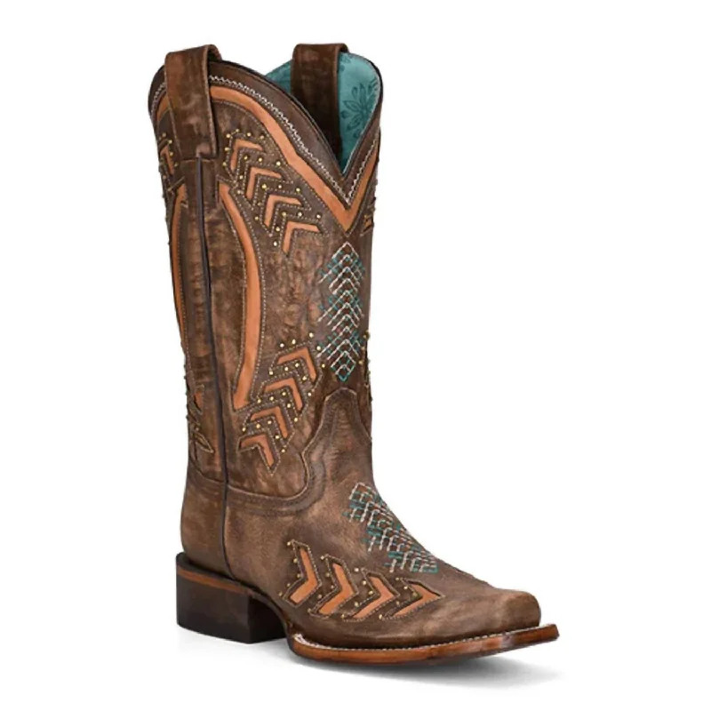 Sports Vitality Style Women's Embroidery With Studs Square Toe Western Cowboy Boots In Brown