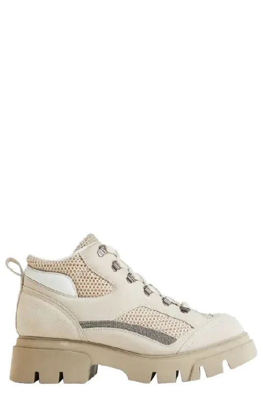 Boutique display Brunello Cucinelli Women's Monili Suede and Mesh Booties In Lamb
