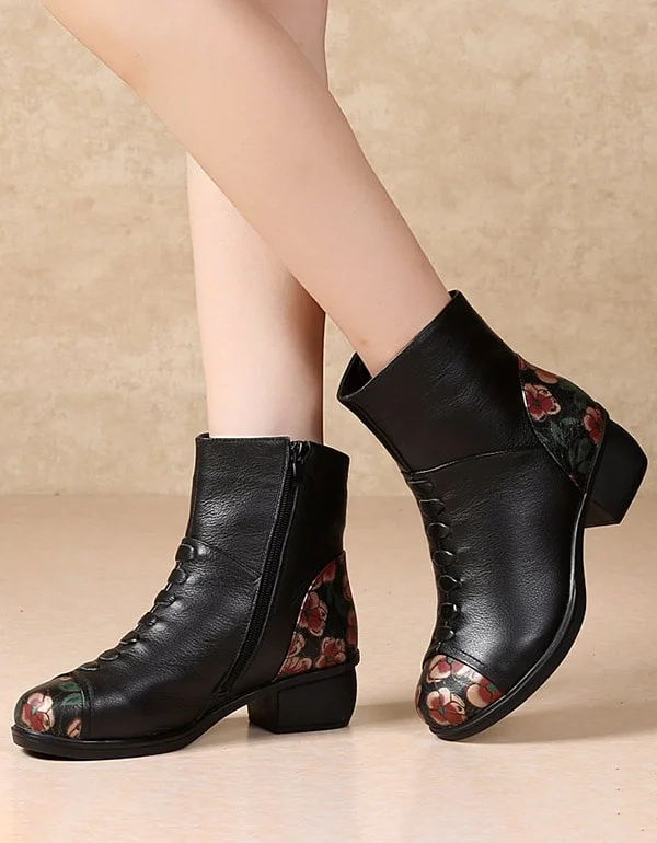 Innovative Design Floral Printed Plush Retro Chunky Boots