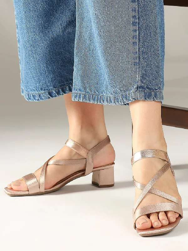 Classic Retro Women Rose Gold Open Toe Block Heels With Backstrap