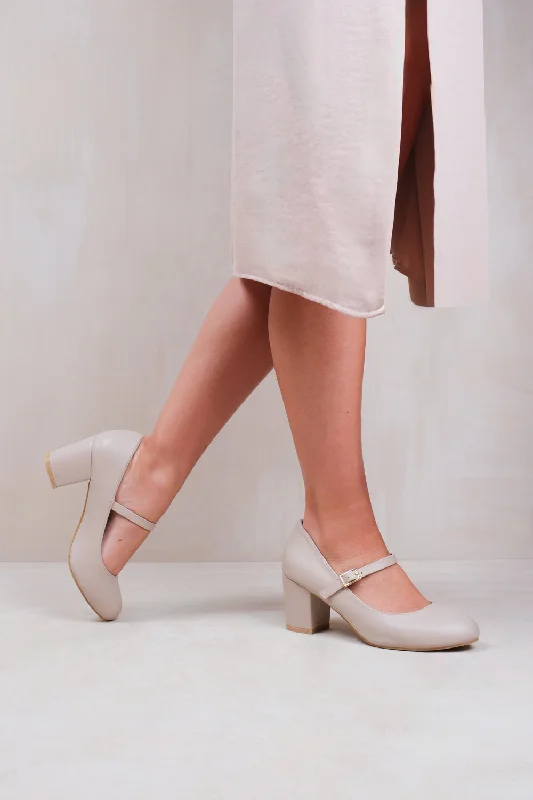Classic Style ARACELI BLOCK HEEL MARY JANE PUPMS IN NUDE FAUX LEATHER