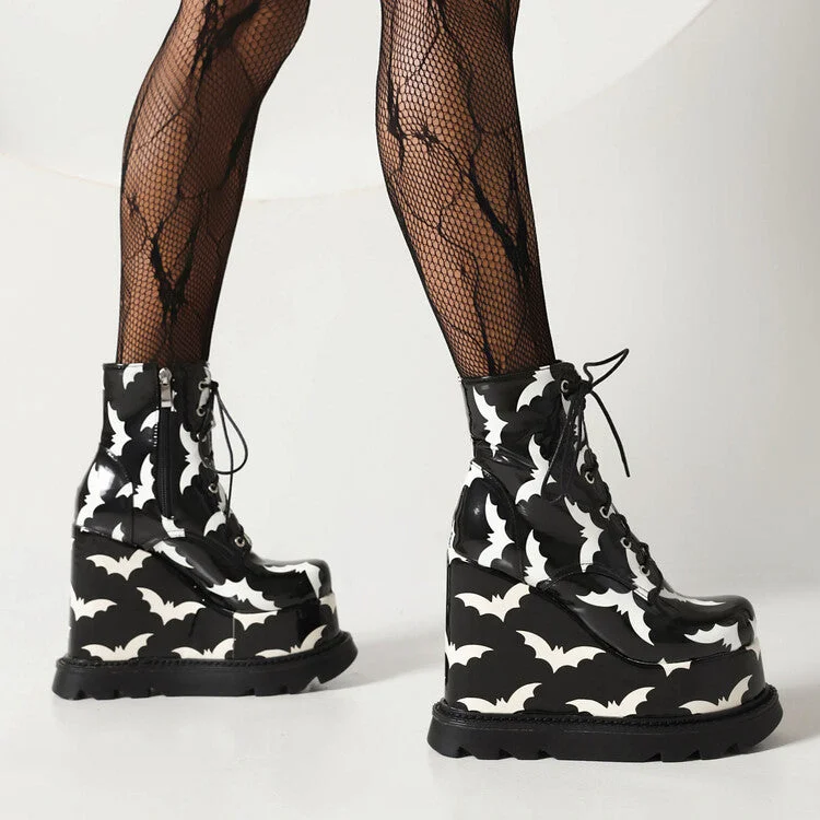 Sports outdoor style Bicolor Pu Leather Square Toe Lace Up Back Zippers Wedge Heel Platform Short Boots for Women