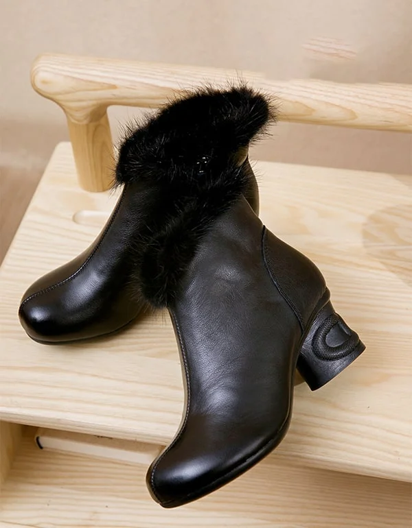 Warm And Comfortable Winter Plush Retro Leather Elegant Chunky Boots