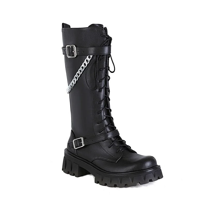 High-end Fabrics Glossy Round Toe Metal Chains Lace Up Side Zippers Block Chunky Heel Platform Mid Calf Boots for Women