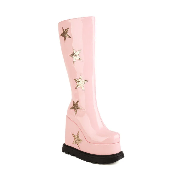 High-waisted pants style Glossy Sequins Stars Side Zippers Round Toe Wedge Heel Platform Knee High Boots for Women