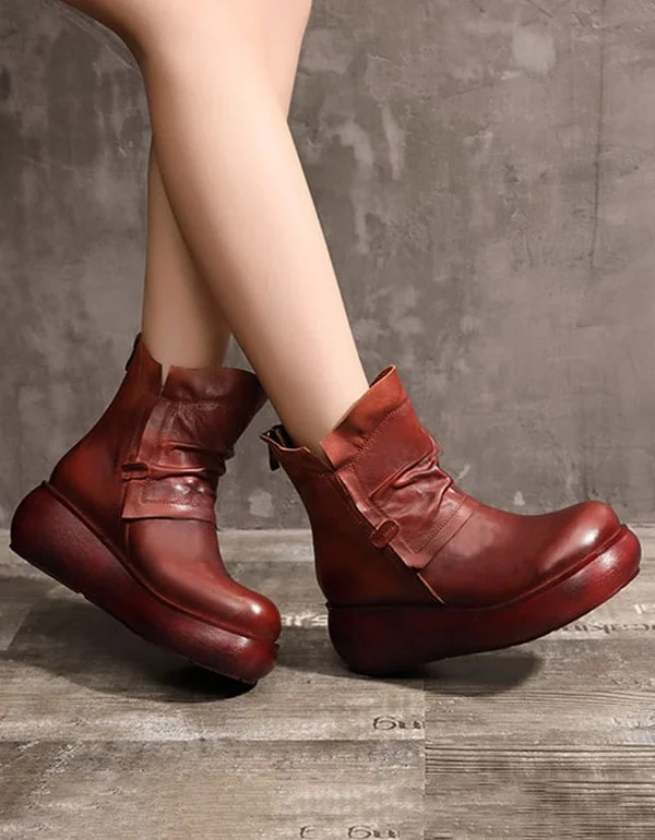 Warm and substantial Winter Plush Mid-tube Retro Leather Wedge Boots
