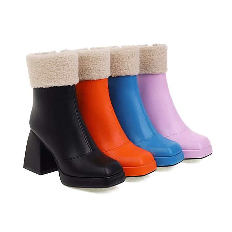 Casual And Casual Booties Pu Leather Square Toe Side Zippers Floppy Block Chunky Heel Platform Short Boots for Women