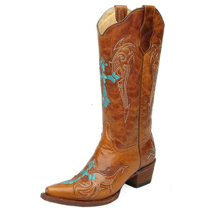 Free and comfortable Women's Circle G Turquoise Cross Embroidered Western Boots (Cognac)