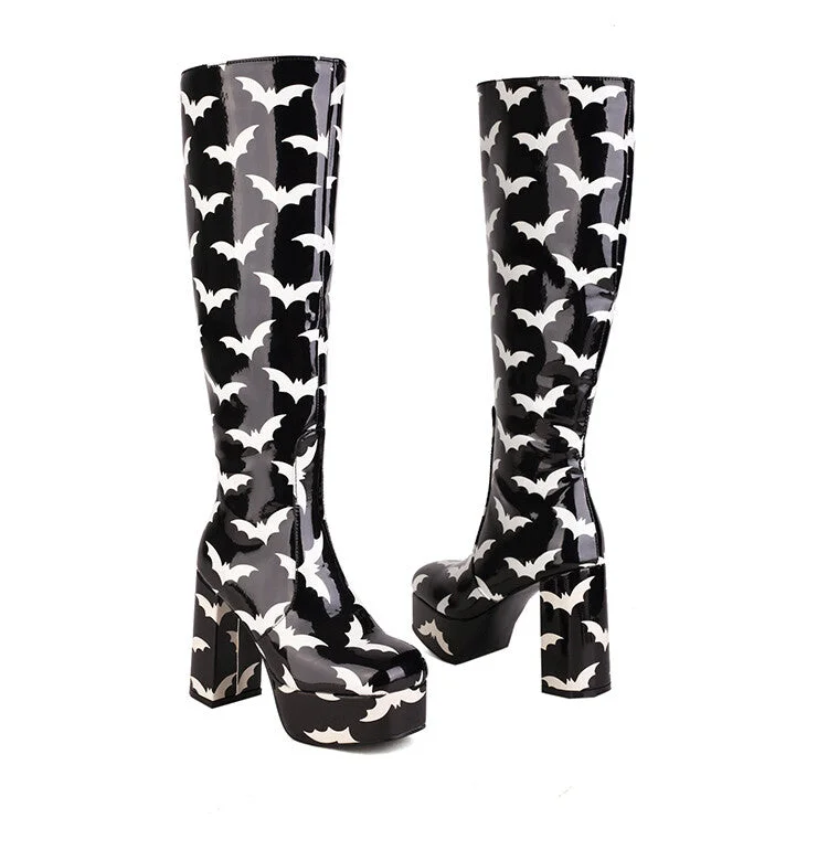 Elegant and noble Glossy Round Toe Block Chunky Heel Platform Knee High Boots for Women