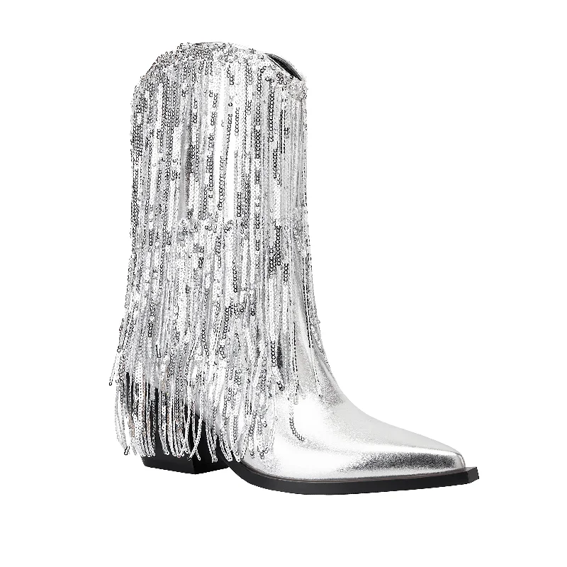End Of The Year Womens Metallic Sequin Fringed Zipper Pointy Chunky Heeled Western Cowgirl Ankle Boots
