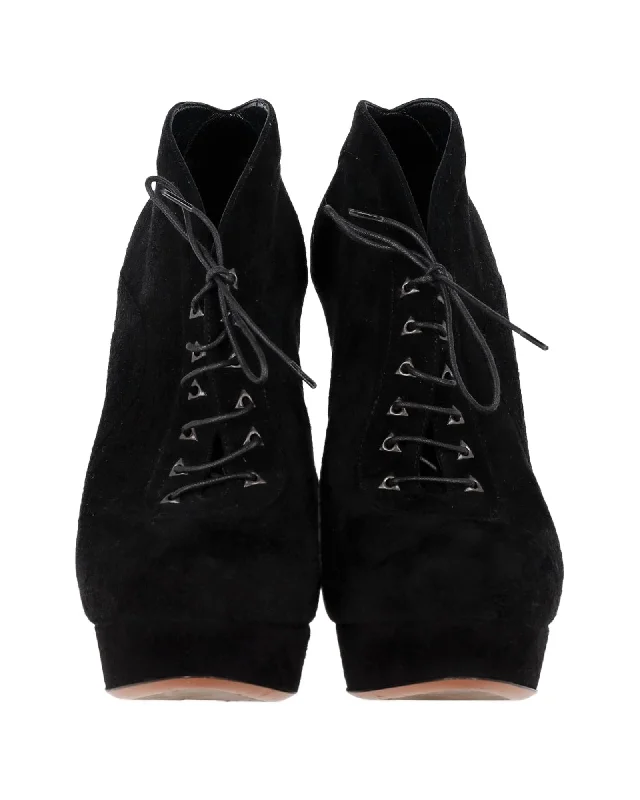 Hooded design Lace-Up High Heel Boots in Luxurious Black Suede by Alaia