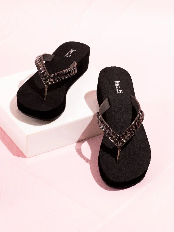 Warm And Comfortable Women Pewter-Toned Embellished Comfort Heels